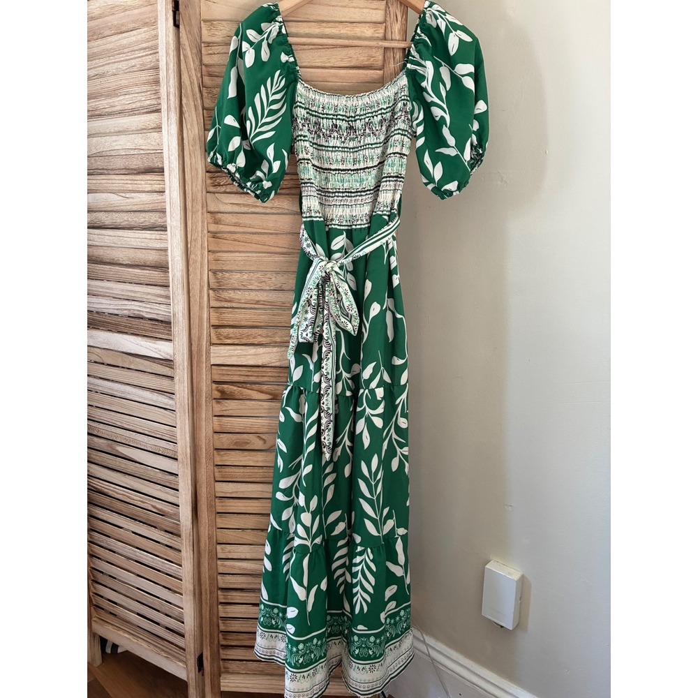 Ana & Rose Green White Leaf Print Smocked Maxi Dress Puff Sleeve Boho Sz M